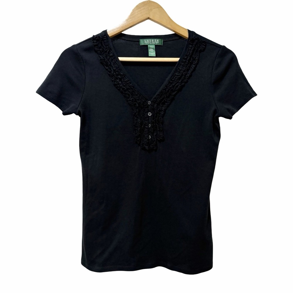 Lauren Ralph Lauren‎ Womens V Neck Ruffle T Shirt Size SP Black Preppy Academia